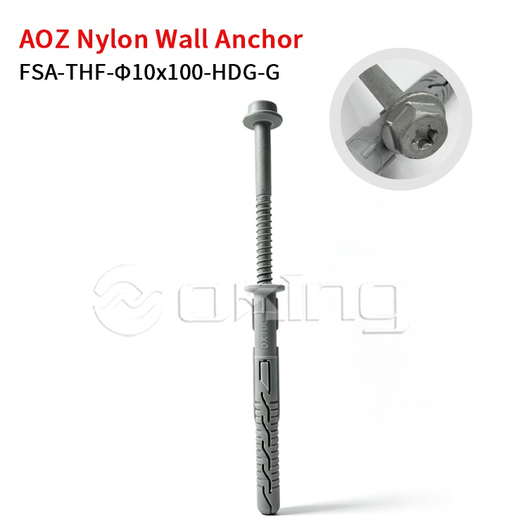 پیچ فلنج شش گوش تورکس M10x100 گالوانیزه گرم AOZ با لنگر دیواری نایلونی خاکستری برای نصب دیوار پرده و بیرونی