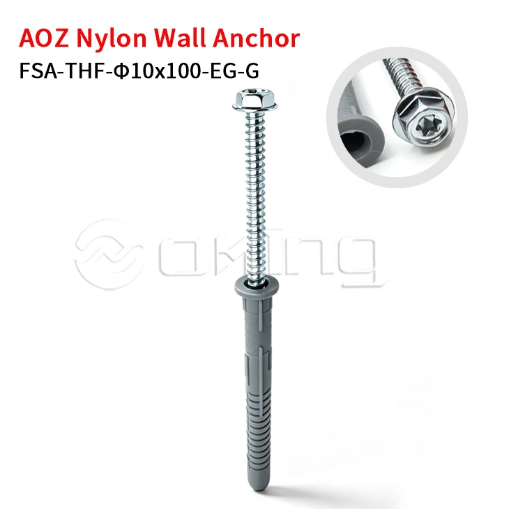 پیچ فلنج شش گوش تورکس M10x100 الکتروگالوانیزه AOZ با لنگر دیواری نایلونی خاکستری برای نصب دیوار پرده و بیرونی