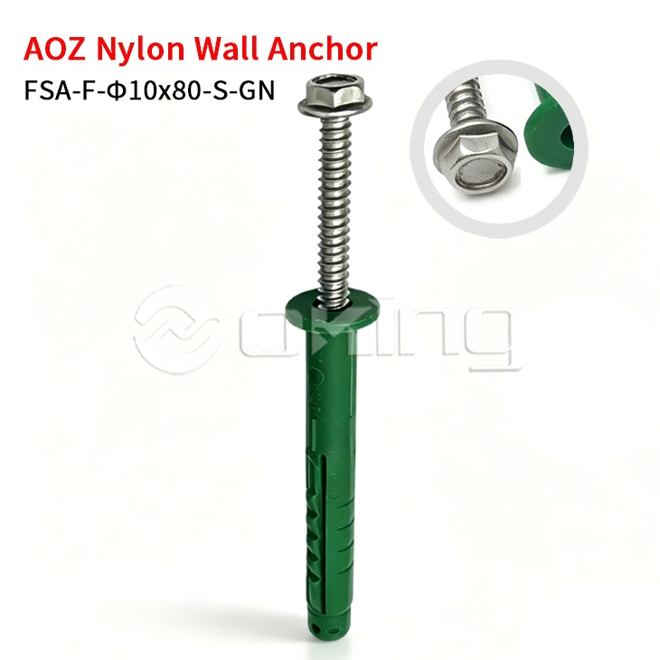 پیچ فلنج استیل M10x80 AOZ با لنگر دیواری نایلونی سبز برای نصب دیوار پرده و بیرونی